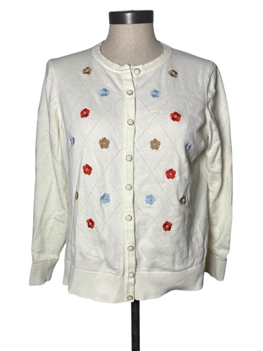 Charter Club Floral Pearl Cardigan Petite L Cottagecore Cream Lightweight